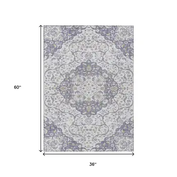 3' X 5' Lavender And Ivory Medallion Washable Indoor Outdoor Area Rug