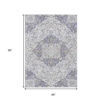 5' X 8' Lavender And Ivory Medallion Washable Indoor Outdoor Area Rug