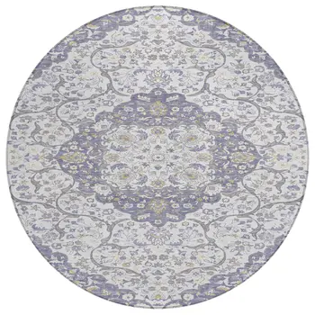 8' Lavender And Ivory Round Medallion Washable Indoor Outdoor Area Rug