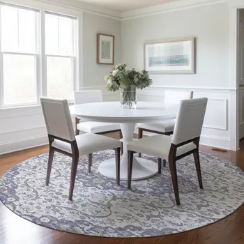 8' Lavender And Ivory Round Medallion Washable Indoor Outdoor Area Rug