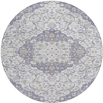 8' Lavender And Ivory Round Medallion Washable Indoor Outdoor Area Rug