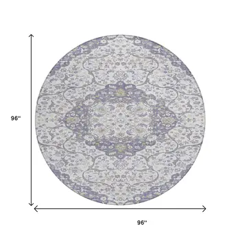8' Lavender And Ivory Round Medallion Washable Indoor Outdoor Area Rug