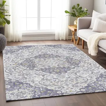 8' X 10' Lavender And Ivory Medallion Washable Indoor Outdoor Area Rug