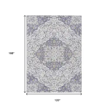 10' X 14' Lavender And Ivory Medallion Washable Indoor Outdoor Area Rug