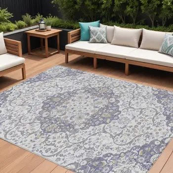 10' X 14' Lavender And Ivory Medallion Washable Indoor Outdoor Area Rug