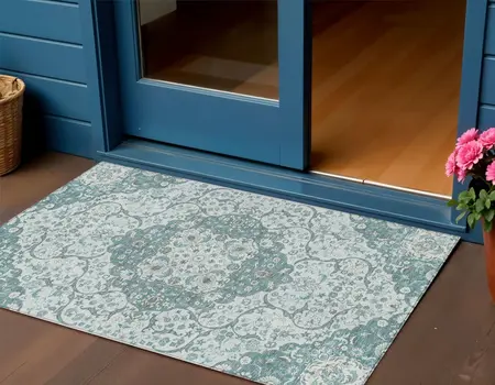 3' X 5' Teal Blue And Ivory Medallion Washable Indoor Outdoor Area Rug