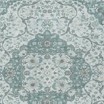 3' X 5' Teal Blue And Ivory Medallion Washable Indoor Outdoor Area Rug