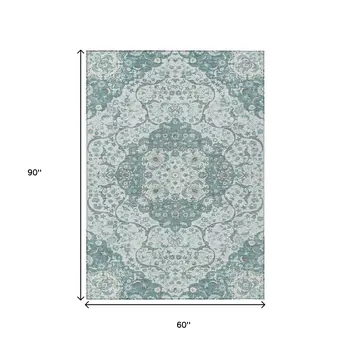 5' X 8' Teal Blue And Ivory Medallion Washable Indoor Outdoor Area Rug