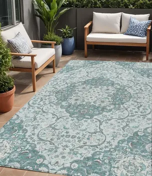 5' X 8' Teal Blue And Ivory Medallion Washable Indoor Outdoor Area Rug