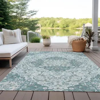 5' X 8' Teal Blue And Ivory Medallion Washable Indoor Outdoor Area Rug