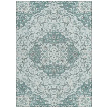 5' X 8' Teal Blue And Ivory Medallion Washable Indoor Outdoor Area Rug