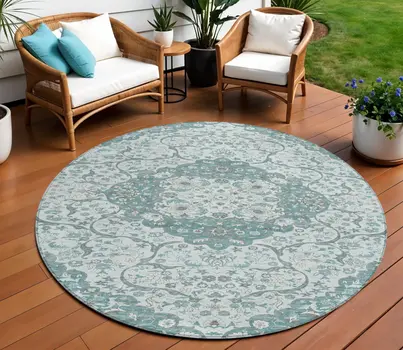 8' Teal Blue And Ivory Round Medallion Washable Indoor Outdoor Area Rug
