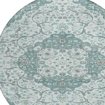 8' Teal Blue And Ivory Round Medallion Washable Indoor Outdoor Area Rug