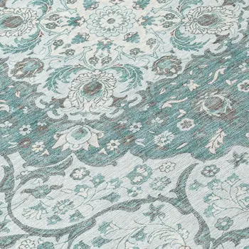 8' Teal Blue And Ivory Round Medallion Washable Indoor Outdoor Area Rug