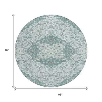 8' Teal Blue And Ivory Round Medallion Washable Indoor Outdoor Area Rug