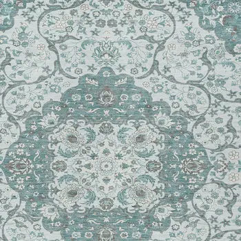 8' X 10' Teal Blue And Ivory Medallion Washable Indoor Outdoor Area Rug