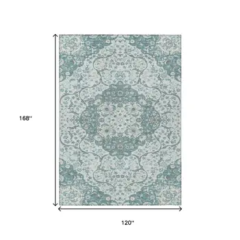 10' X 14' Teal Blue And Ivory Medallion Washable Indoor Outdoor Area Rug