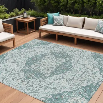 10' X 14' Teal Blue And Ivory Medallion Washable Indoor Outdoor Area Rug