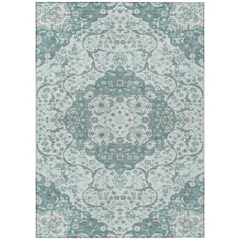 10' X 14' Teal Blue And Ivory Medallion Washable Indoor Outdoor Area Rug