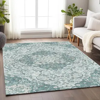 10' X 14' Teal Blue And Ivory Medallion Washable Indoor Outdoor Area Rug