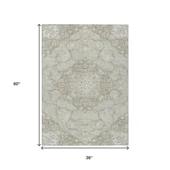 3' X 5' Taupe And Ivory Medallion Washable Indoor Outdoor Area Rug