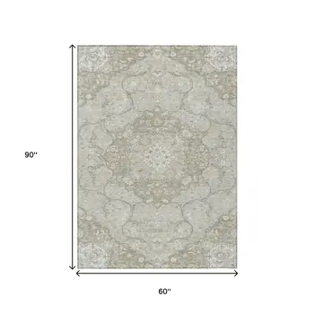 5' X 8' Taupe And Ivory Medallion Washable Indoor Outdoor Area Rug