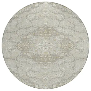 8' Taupe And Ivory Round Medallion Washable Indoor Outdoor Area Rug