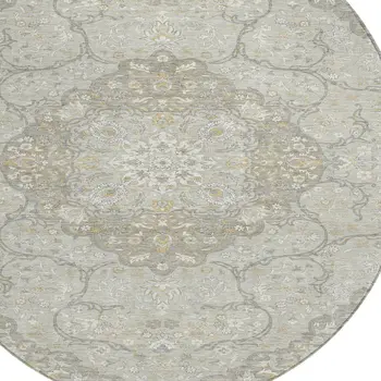 8' Taupe And Ivory Round Medallion Washable Indoor Outdoor Area Rug