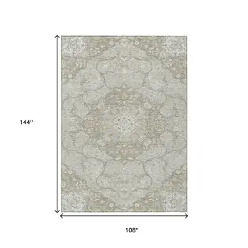9' X 12' Taupe And Ivory Medallion Washable Indoor Outdoor Area Rug