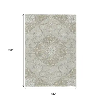 10' X 14' Taupe And Ivory Medallion Washable Indoor Outdoor Area Rug