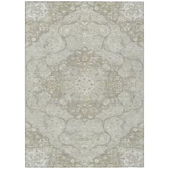 10' X 14' Taupe And Ivory Medallion Washable Indoor Outdoor Area Rug