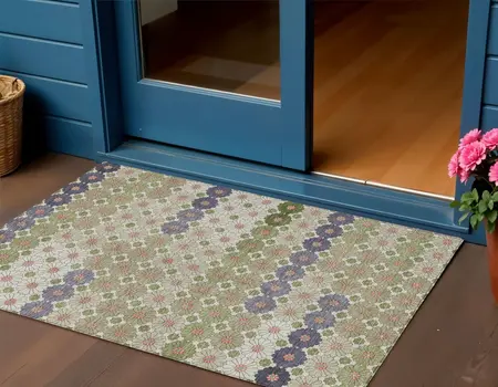 3' X 5' Artichoke Green Purple And Ivory Floral Washable Indoor Outdoor Area Rug