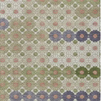 3' X 5' Artichoke Green Purple And Ivory Floral Washable Indoor Outdoor Area Rug