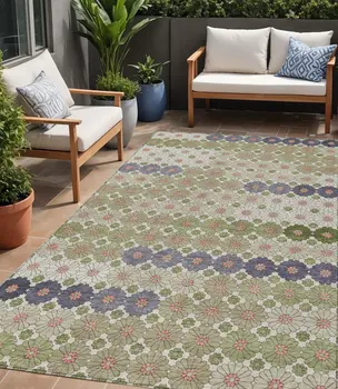 5' X 8' Artichoke Green Purple And Ivory Floral Washable Indoor Outdoor Area Rug