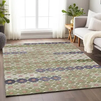 5' X 8' Artichoke Green Purple And Ivory Floral Washable Indoor Outdoor Area Rug