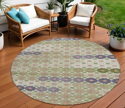 8' Artichoke Green Purple And Ivory Round Floral Washable Indoor Outdoor Area Rug