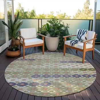 8' Artichoke Green Purple And Ivory Round Floral Washable Indoor Outdoor Area Rug
