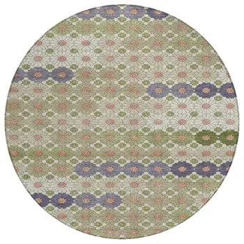8' Artichoke Green Purple And Ivory Round Floral Washable Indoor Outdoor Area Rug
