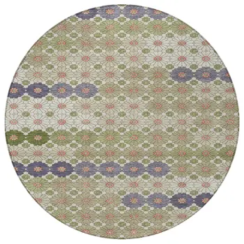 8' Artichoke Green Purple And Ivory Round Floral Washable Indoor Outdoor Area Rug