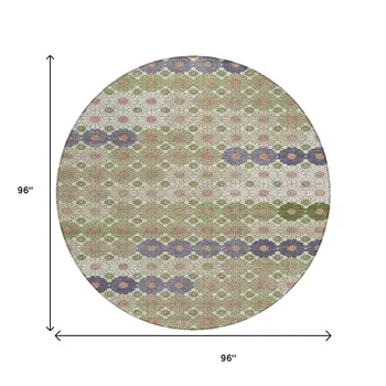 8' Artichoke Green Purple And Ivory Round Floral Washable Indoor Outdoor Area Rug