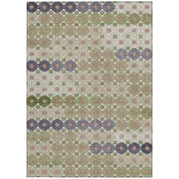 9' X 12' Artichoke Green Purple And Ivory Floral Washable Indoor Outdoor Area Rug