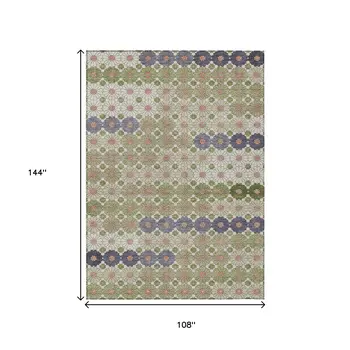 9' X 12' Artichoke Green Purple And Ivory Floral Washable Indoor Outdoor Area Rug