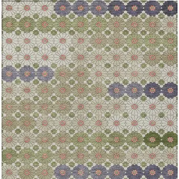 10' X 14' Artichoke Green Purple And Ivory Floral Washable Indoor Outdoor Area Rug