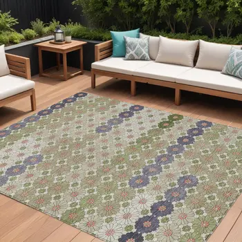10' X 14' Artichoke Green Purple And Ivory Floral Washable Indoor Outdoor Area Rug