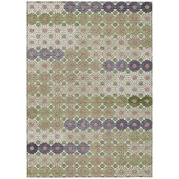 10' X 14' Artichoke Green Purple And Ivory Floral Washable Indoor Outdoor Area Rug