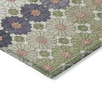 10' X 14' Artichoke Green Purple And Ivory Floral Washable Indoor Outdoor Area Rug