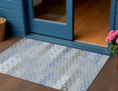 3' X 5' Denim Blue Gray And Ivory Floral Washable Indoor Outdoor Area Rug
