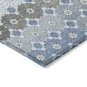 3' X 5' Denim Blue Gray And Ivory Floral Washable Indoor Outdoor Area Rug
