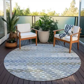 8' Denim Blue Gray And Ivory Round Floral Washable Indoor Outdoor Area Rug