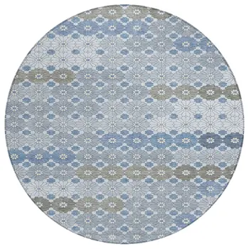 8' Denim Blue Gray And Ivory Round Floral Washable Indoor Outdoor Area Rug